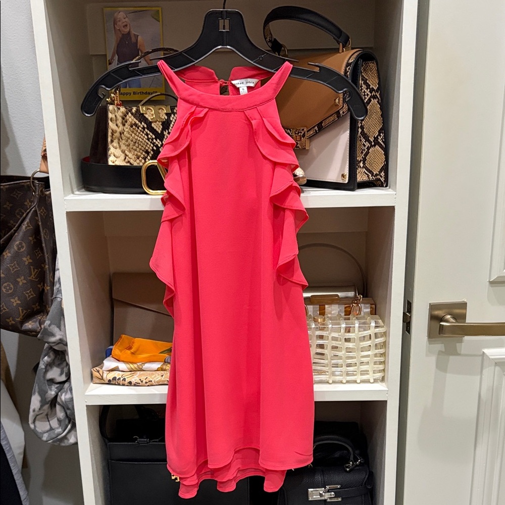 NAKED ZEBRA Women’s Razorback Chiffon Ruffled Top. Color: Hot Pink